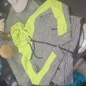 Victoria Secret Pink Tracksuit Gray Neon Green Full Zip Hoodie Large like new